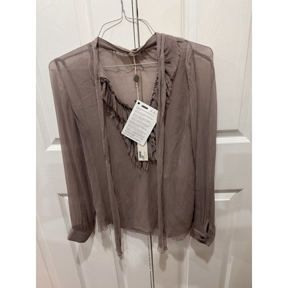 NWT L'AGENCE Lilac 100% Silk Sheer Ruffle Tie Neck Blouse Womens Size 4